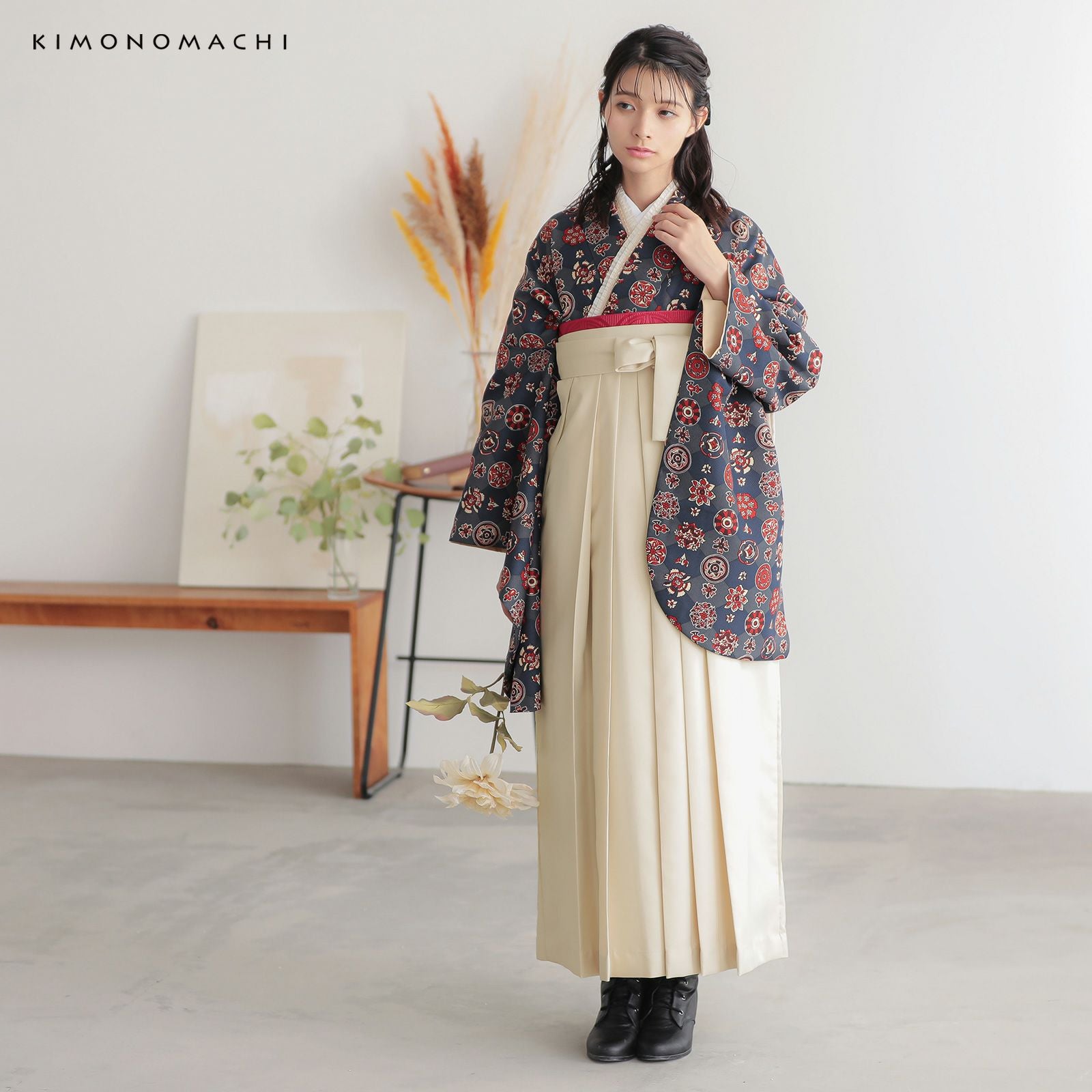 袴 セット 卒業式 女性 4点セット「二尺袖：丸花更紗に菱 紺鼠色＋袴