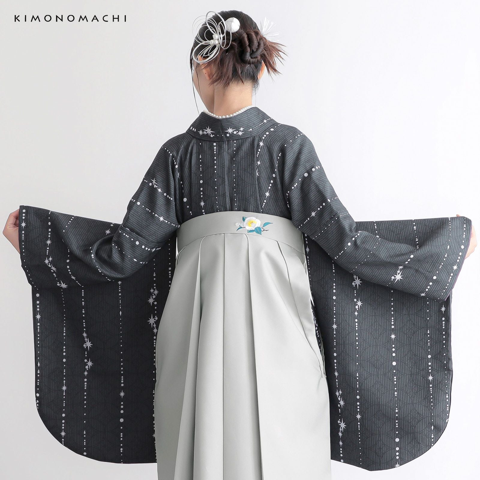 袴 セット 卒業式 女性 4点セット「二尺袖：星くずに七宝 墨黒＋袴
