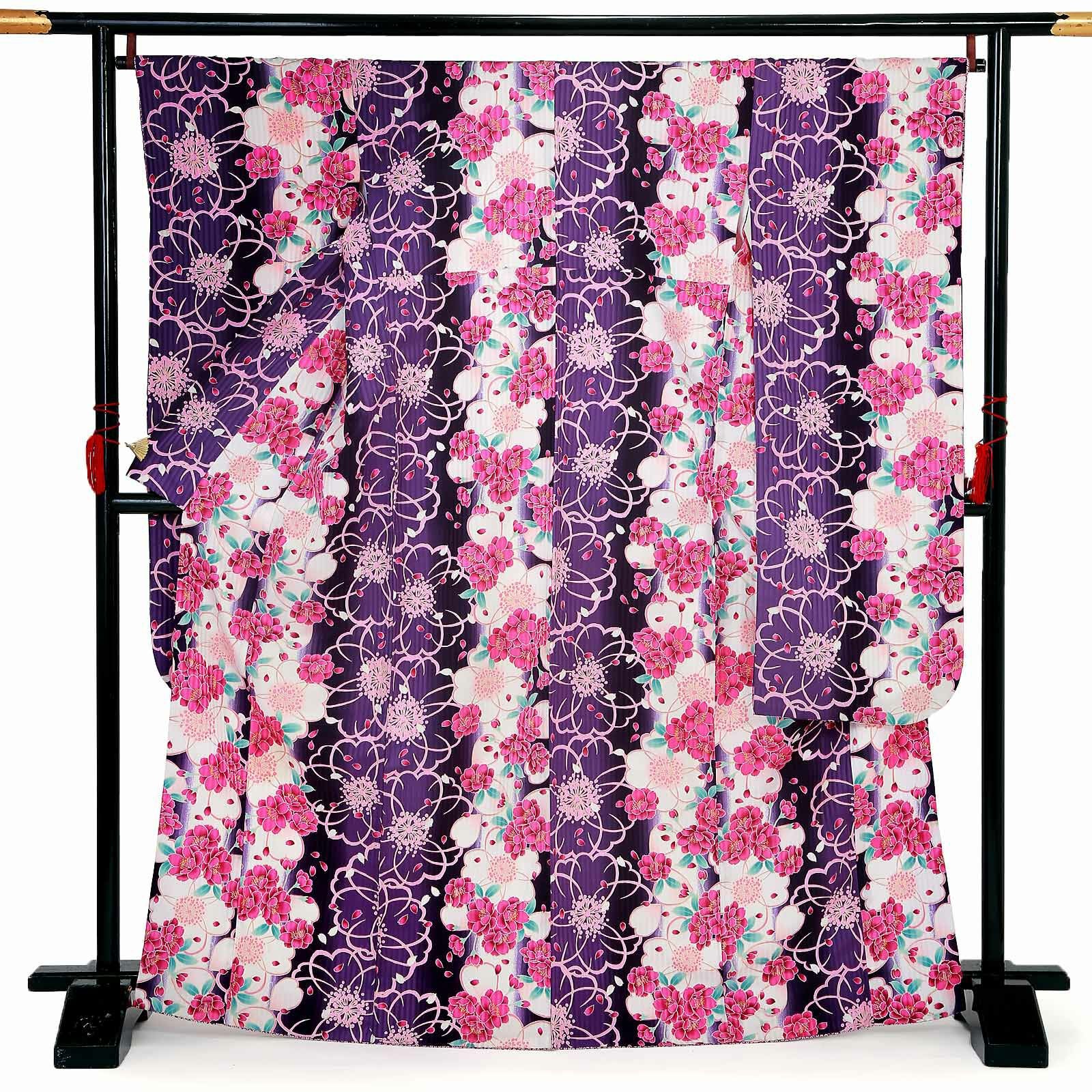 【中古品】仕立て上がり 振袖「桜尽くし　縞　紫」貸衣装処分 レンタル処分品 成人式