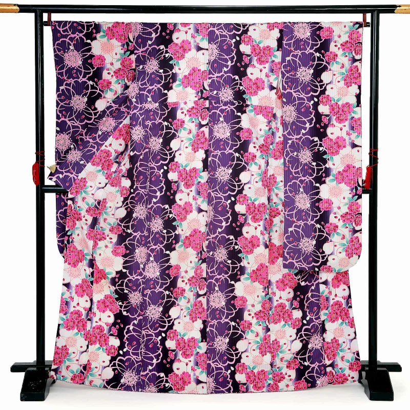 【中古品】仕立て上がり 振袖「桜尽くし　縞　紫」貸衣装処分 レンタル処分品 成人式