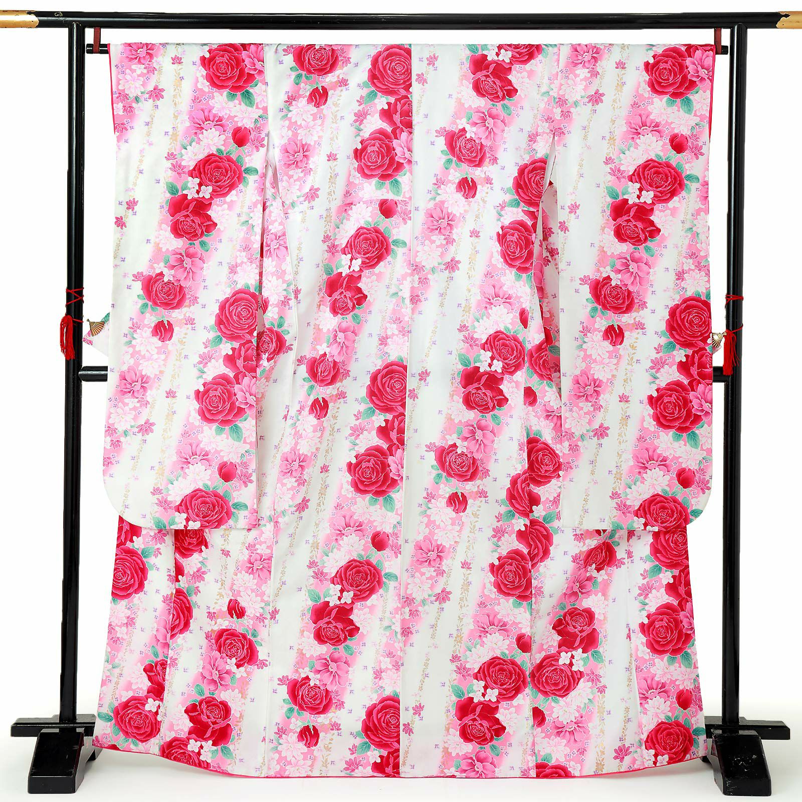 【中古品】仕立て上がり 振袖「斜め縞　薔薇と小花　象牙色地にピンク」貸衣装処分 レンタル処分品 成人式