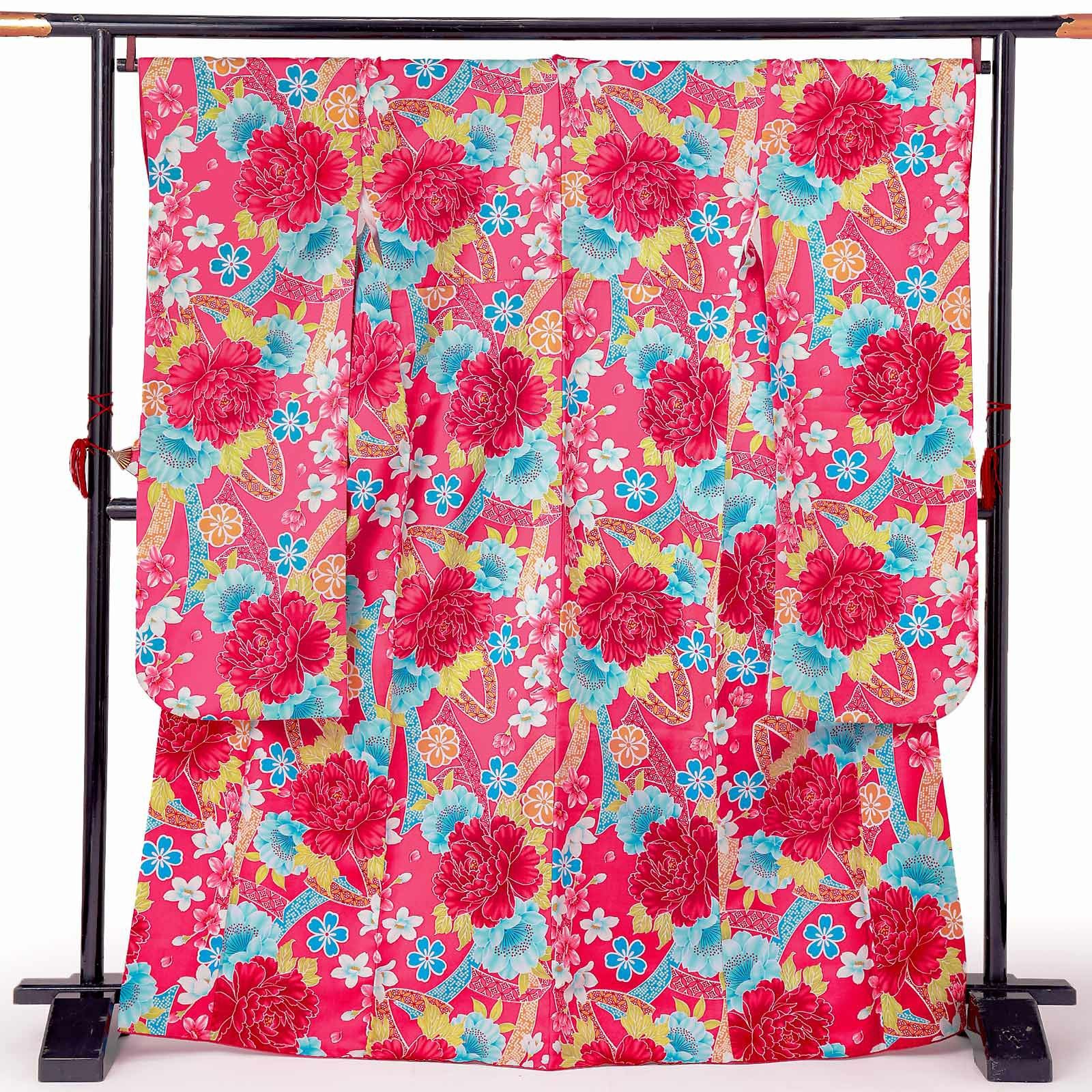 【中古品】仕立て上がり 振袖「熨斗に牡丹と桜　紅赤色」貸衣装処分 レンタル処分品 成人式