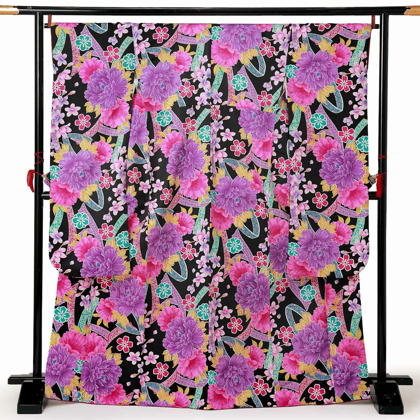 【中古品】仕立て上がり 振袖「熨斗に牡丹と桜　黒」貸衣装処分 レンタル処分品 成人式