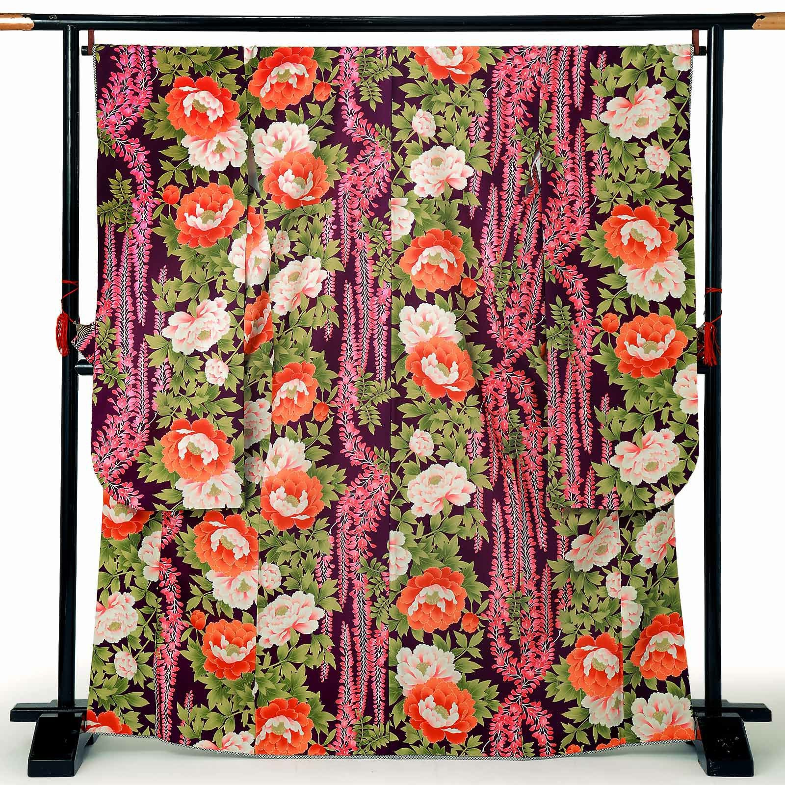 【中古品】仕立て上がり 振袖「藤に牡丹　小紫地」貸衣装処分 レンタル処分品 成人式