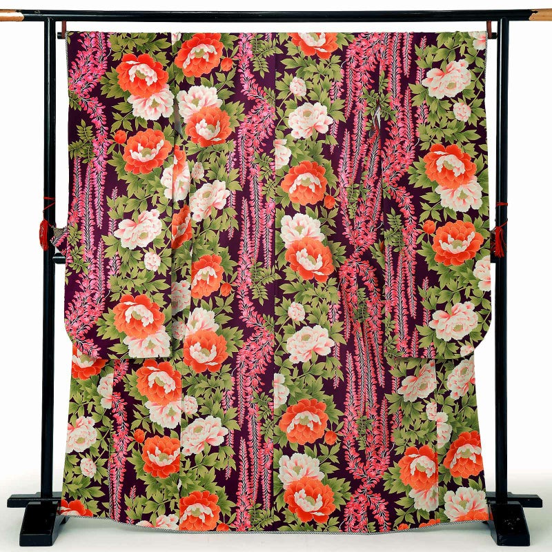 【中古品】仕立て上がり 振袖「藤に牡丹　小紫地」貸衣装処分 レンタル処分品 成人式