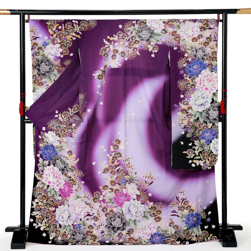 【中古品】仕立て上がり 振袖「薔薇地模様に牡丹と菊　紫」貸衣装処分 レンタル処分品 成人式
