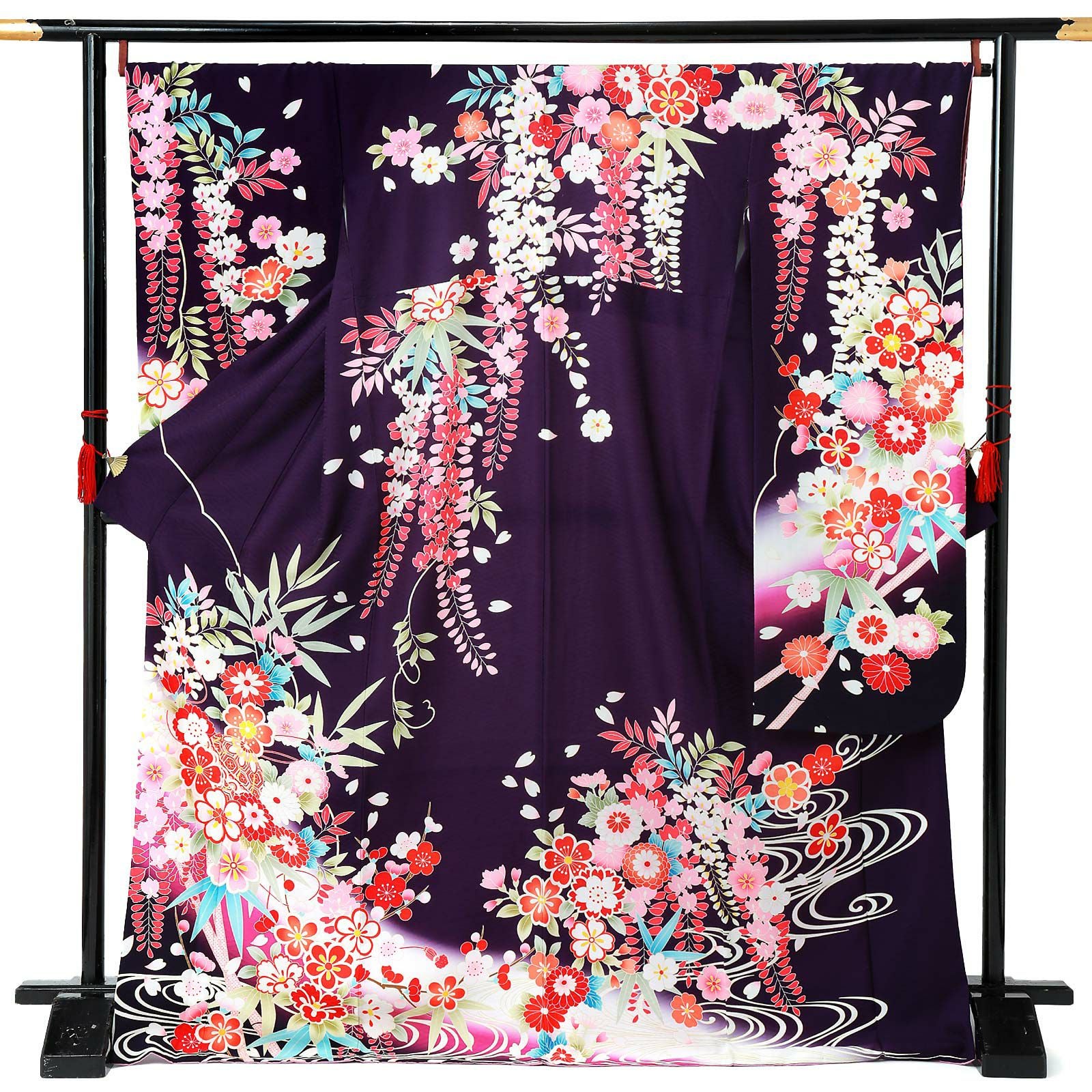 【中古品】仕立て上がり 振袖「流水紋　藤と桜、梅に笹　紫ぼかし」貸衣装処分 レンタル処分品 成人式