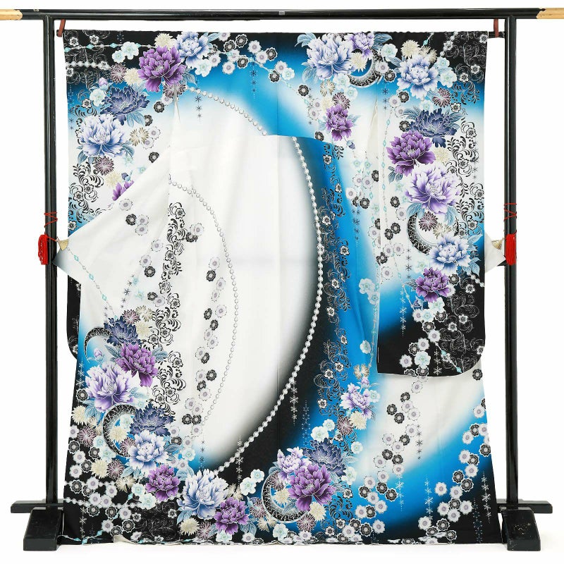 【中古品】仕立て上がり 振袖「雪の結晶　パール　花　」貸衣装処分 レンタル処分品 成人式
