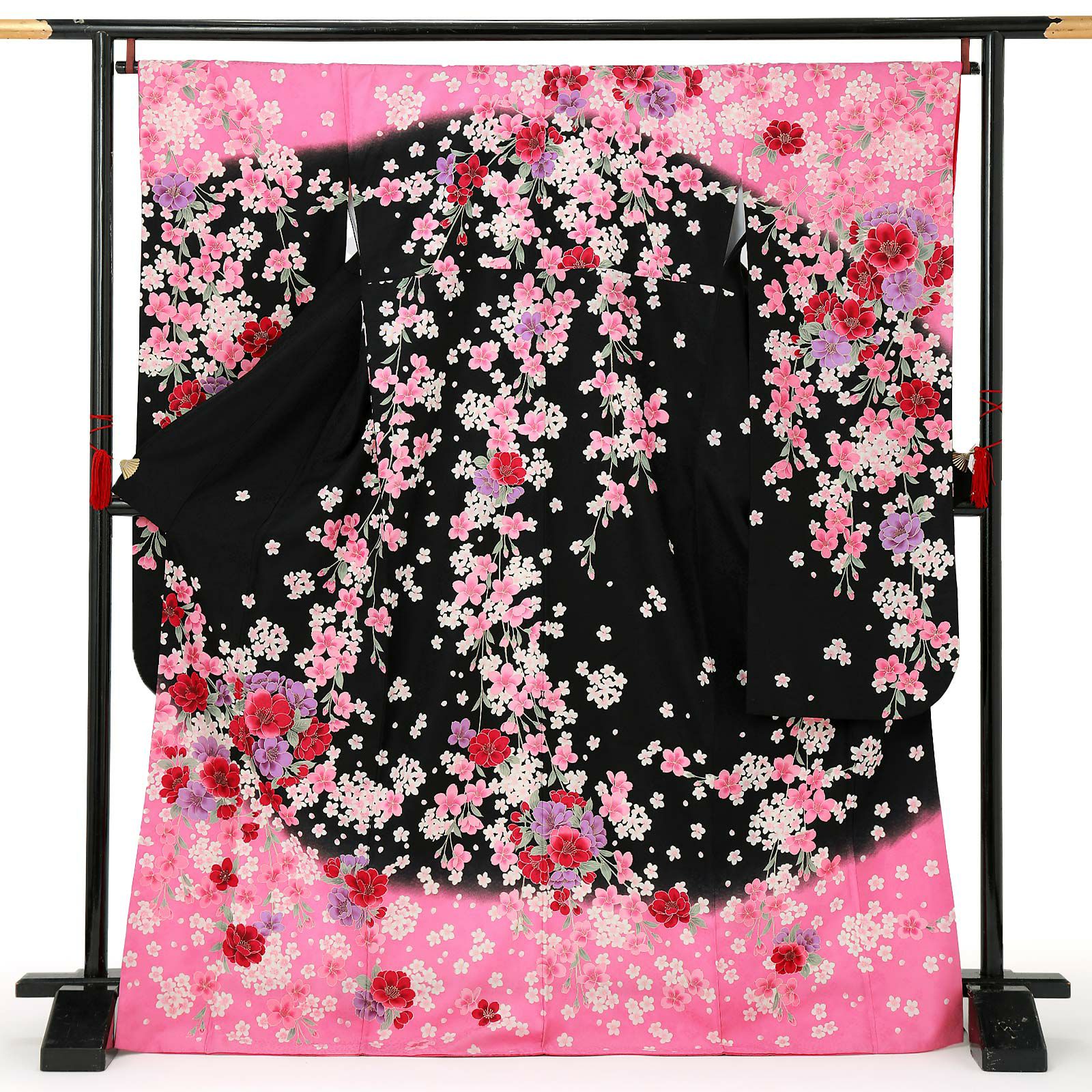【中古品】仕立て上がり 振袖「夜桜　黒　ピンク」貸衣装処分 レンタル処分品 成人式