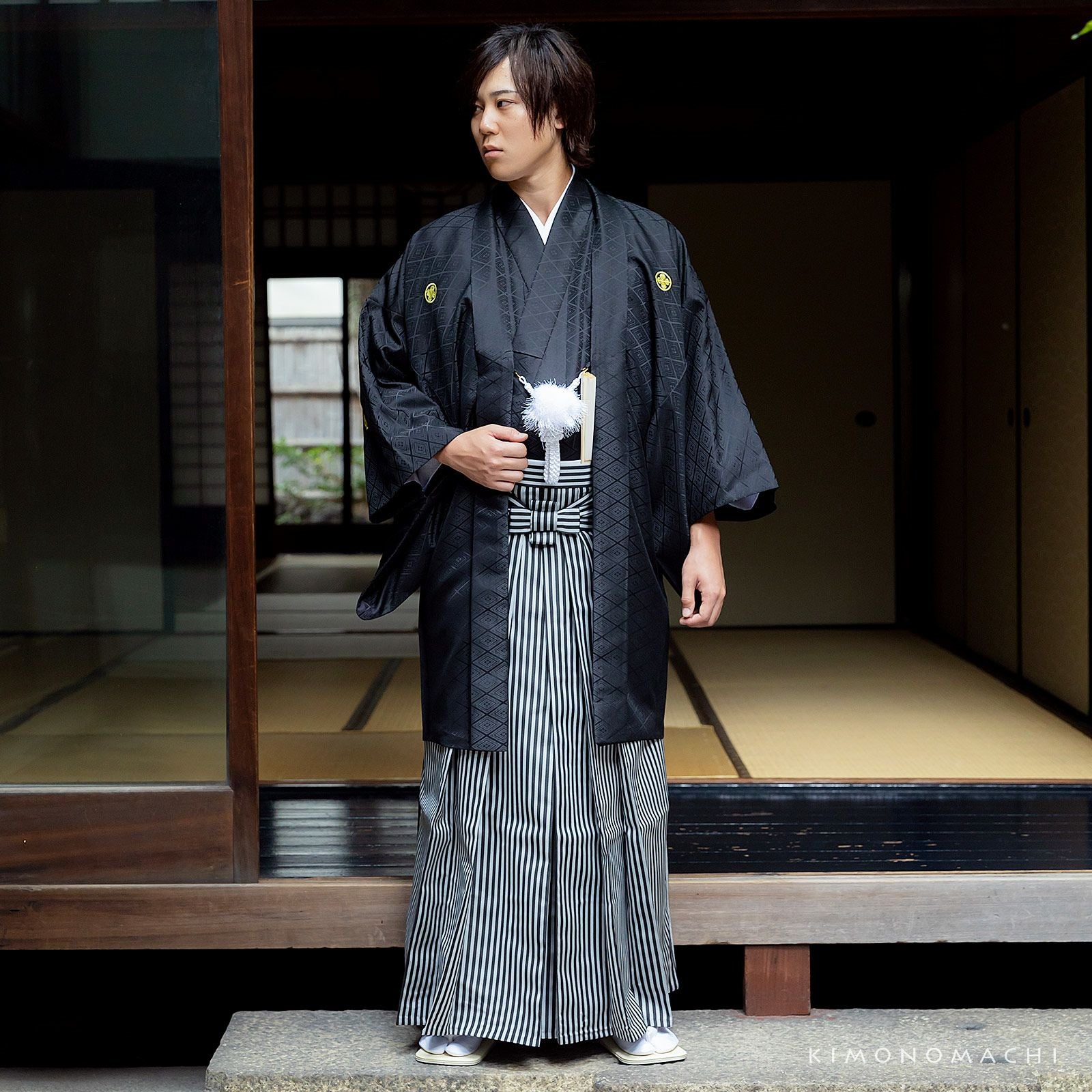 男性 袴 縞袴 行灯袴 単品「黒グレー棒縞・黒グレー子持縞・緑両子持縞
