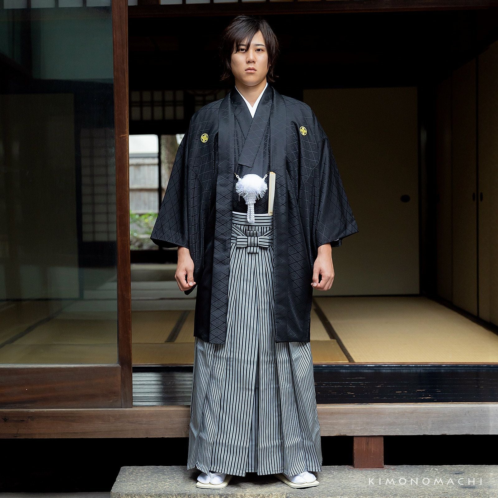 男性 袴 縞袴 行灯袴 単品「黒グレー棒縞・黒グレー子持縞・緑両子持縞