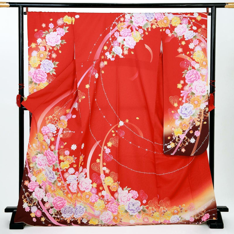 【中古品】仕立て上がり 振袖「リボンにバラと牡丹 」貸衣装処分 レンタル処分品 成人式