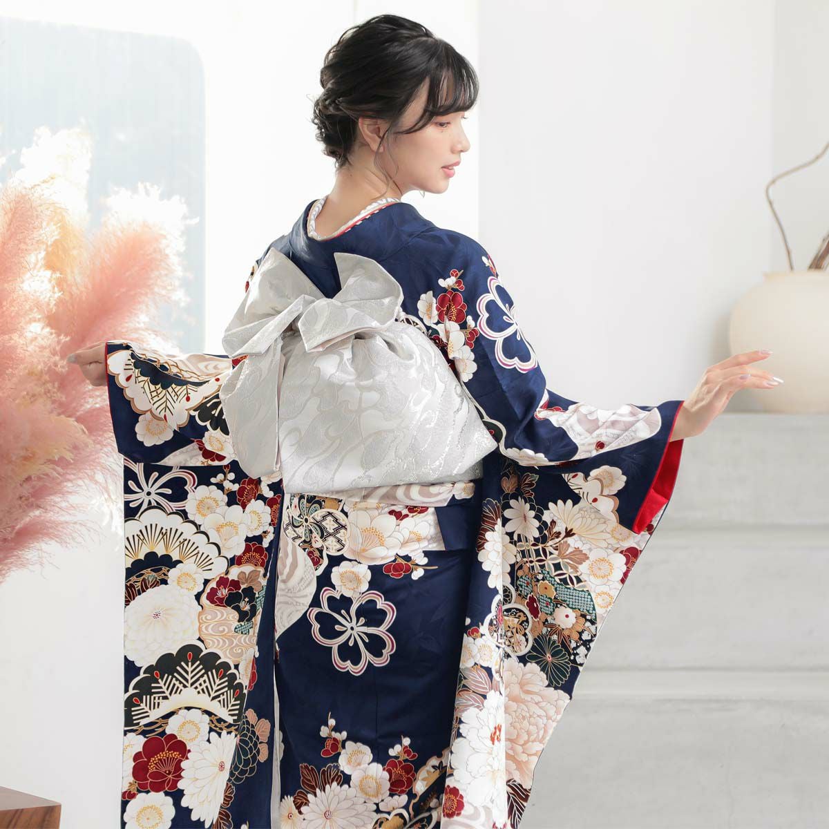 未仕立て 振袖 22点セット「濃紺 流水菊牡丹」仮絵羽 振り袖 正絹 着物
