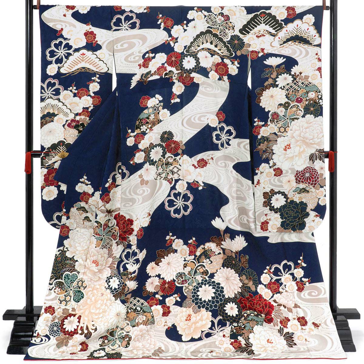 未仕立て 振袖 22点セット「濃紺 流水菊牡丹」仮絵羽 振り袖 正絹 着物