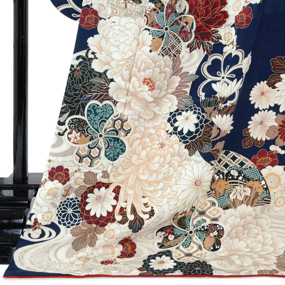 未仕立て 振袖 22点セット「濃紺 流水菊牡丹」仮絵羽 振り袖 正絹 着物