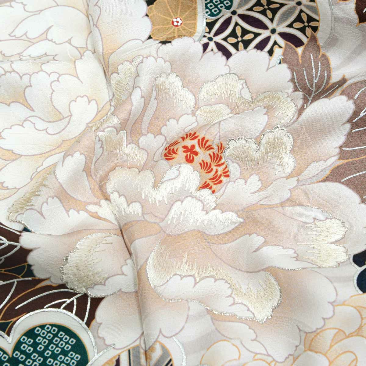 未仕立て 振袖 22点セット「濃紺 流水菊牡丹」仮絵羽 振り袖 正絹 着物