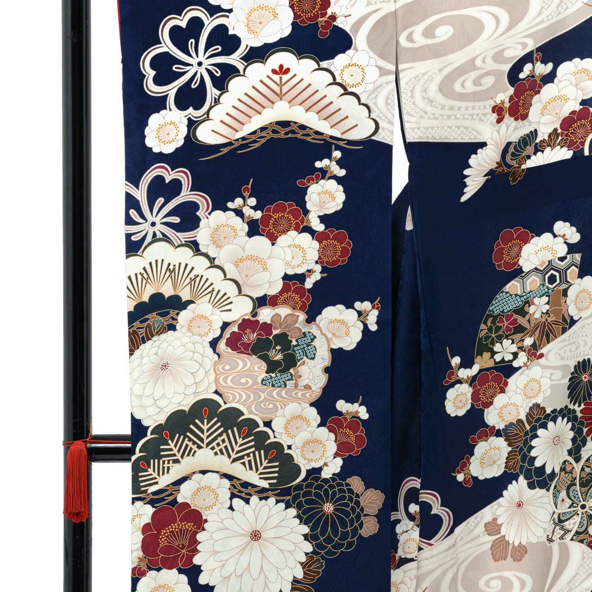 未仕立て 振袖 22点セット「濃紺 流水菊牡丹」仮絵羽 振り袖 正絹 着物