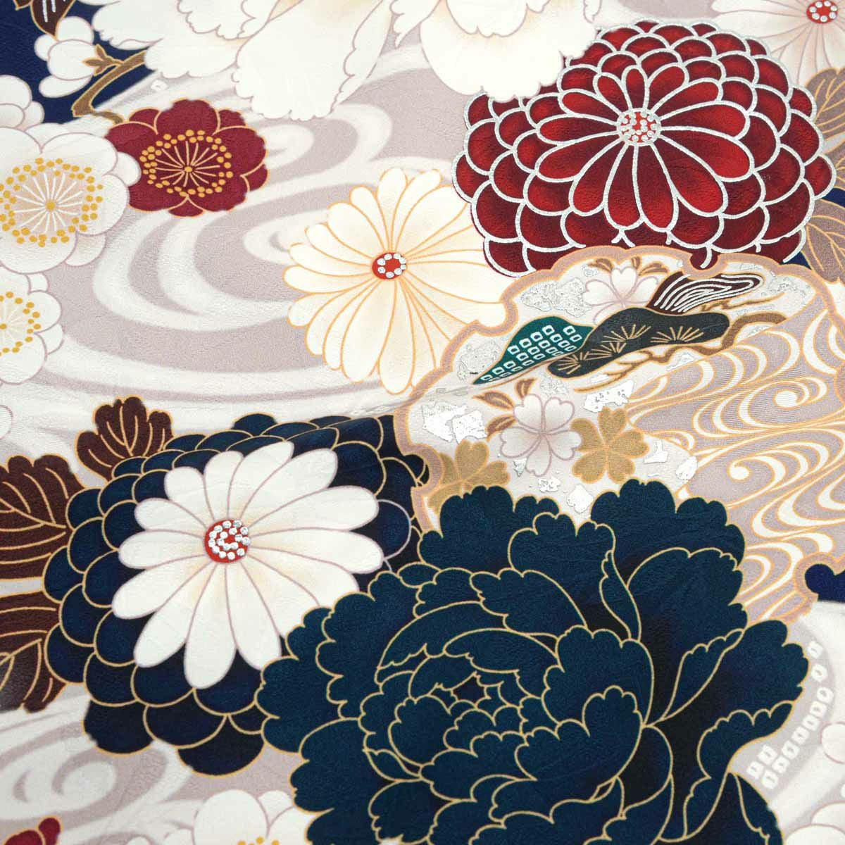未仕立て 振袖 22点セット「濃紺 流水菊牡丹」仮絵羽 振り袖 正絹 着物