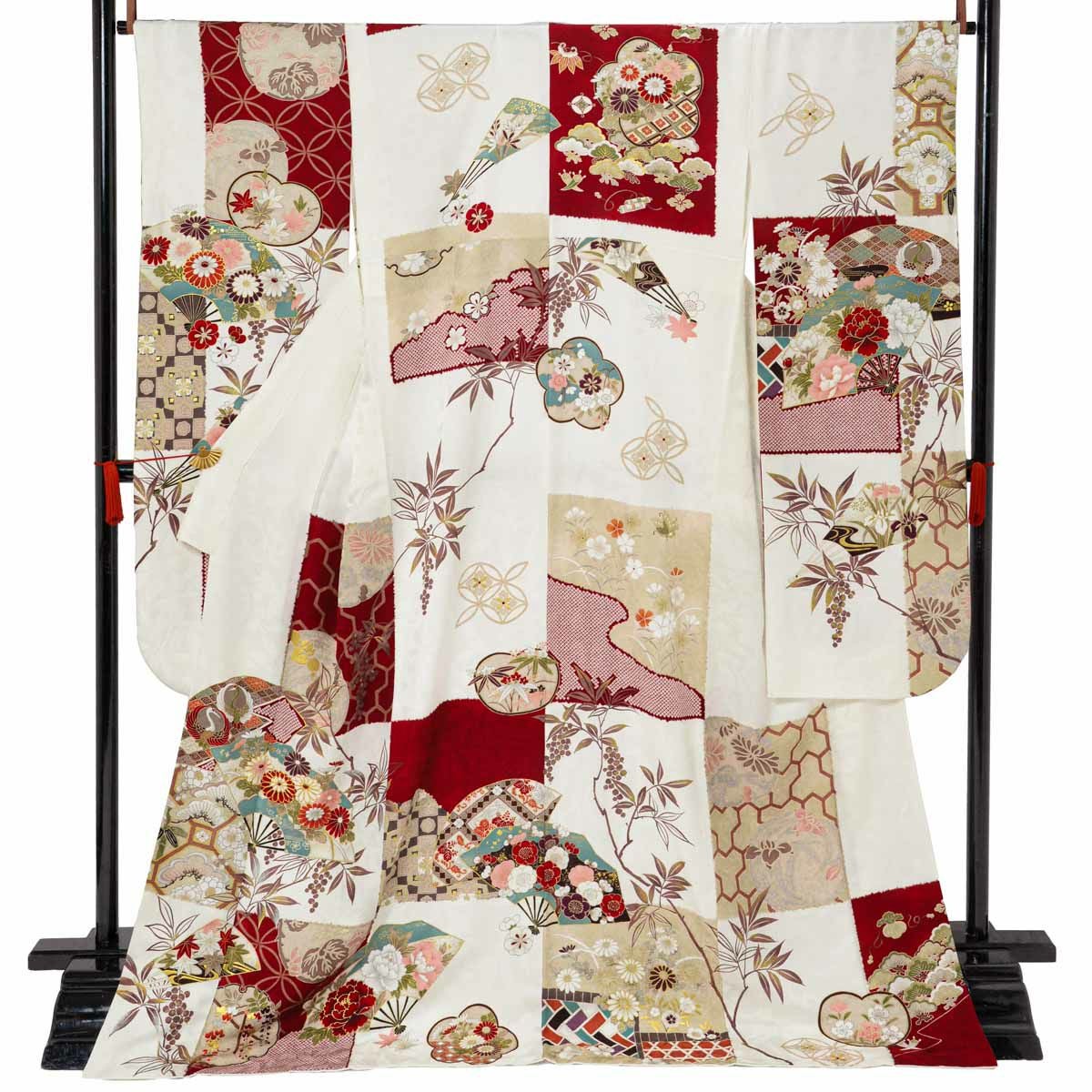 お*様 正絹 振袖 梅 市松 未仕立て品 仮絵羽 未仕立て 振袖 22点セット「Coffret 白 扇面市松模様」仮絵羽 振り袖