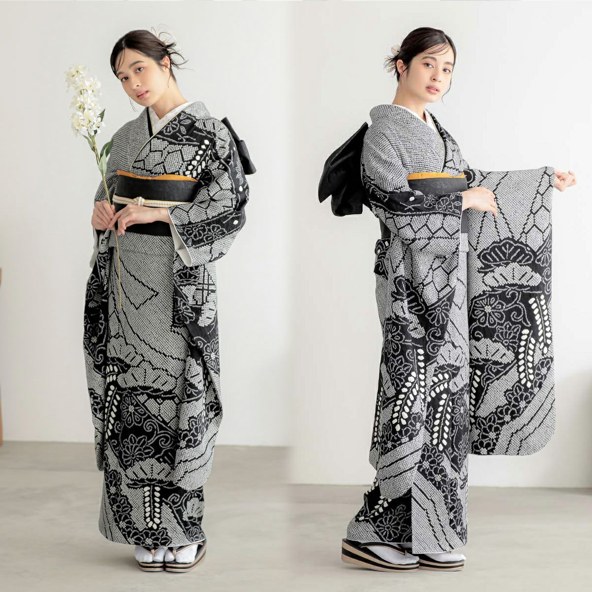 【美品！】総絞り◆ 162cm振袖6点セット ◆フルセット黒白モノトーンNY39 振袖 レンタル 成人式 結婚式 総絞り 黒 牡丹に藤12月〜1月利用 対応