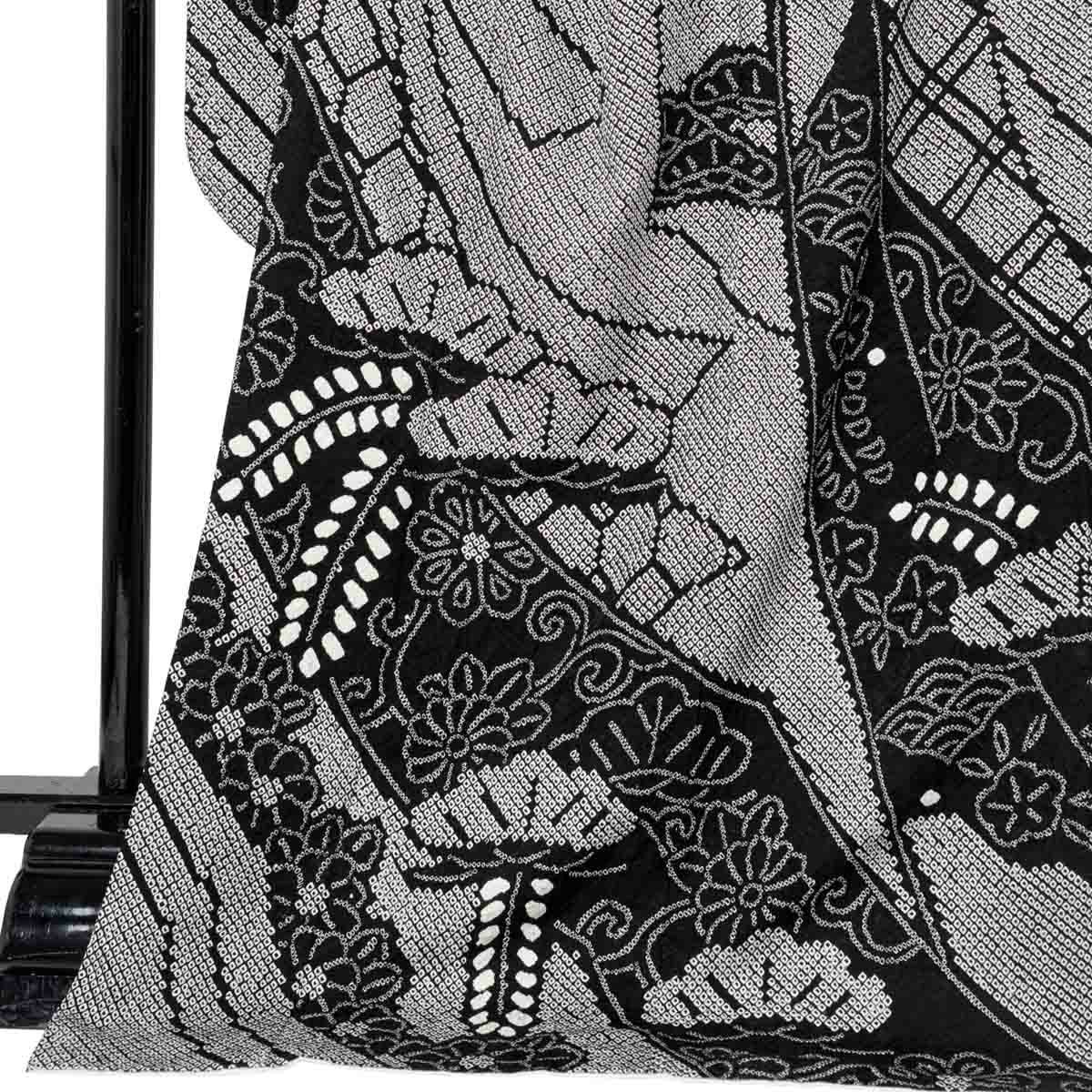 未仕立て 振袖 22点セット「総絞り 黒 熨斗に藤」仮絵羽 振り袖 正絹