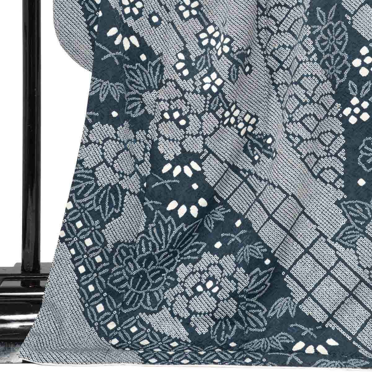 未仕立て 振袖 22点セット「総絞り 紺ねず 牡丹に枝垂れ桜」仮絵羽