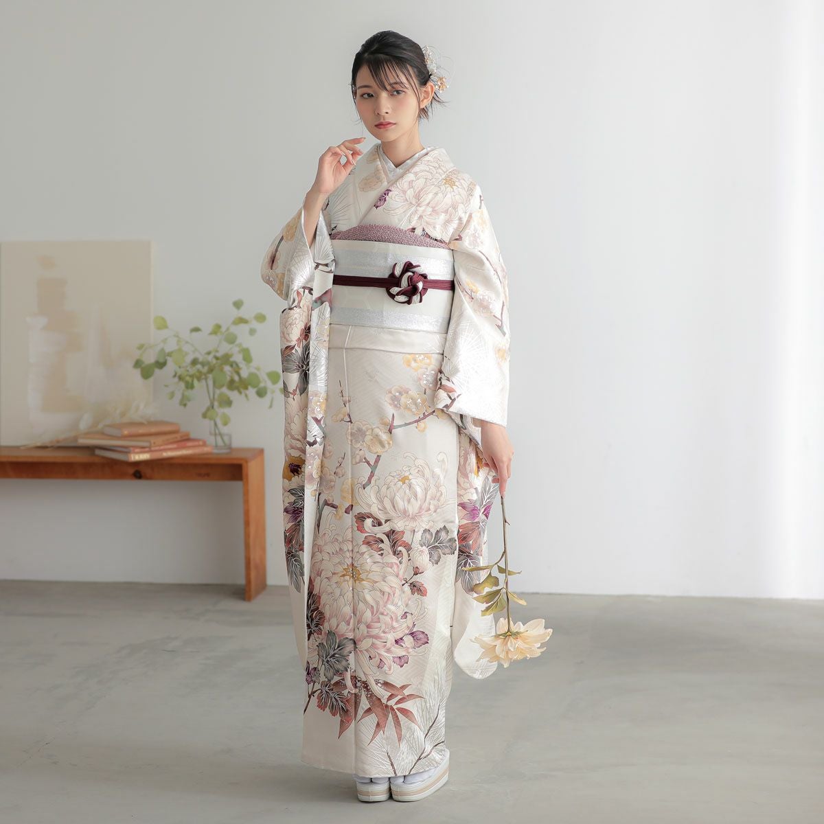 未仕立て 振袖 22点セット「白 菊に松竹梅」仮絵羽 振り袖 正絹 着物
