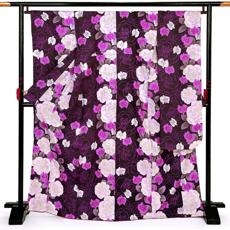 【中古品】仕立て上がり 振袖「バラ 胡蝶蘭 紫」貸衣装処分 レンタル処分品 成人式