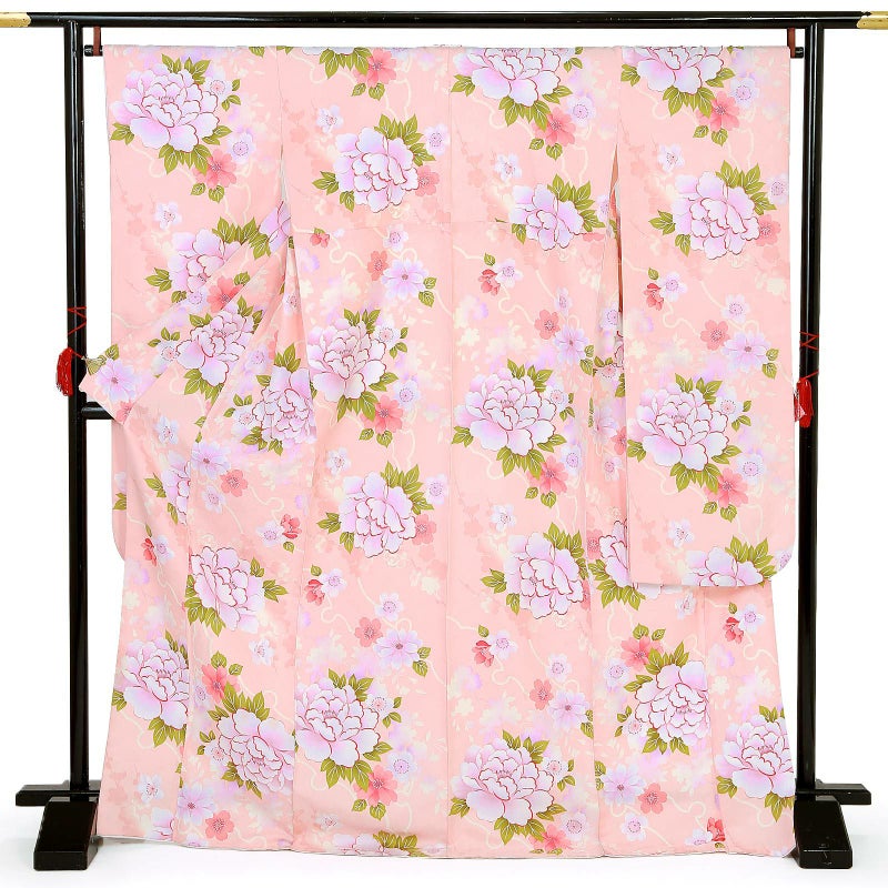 【中古品】仕立て上がり 振袖「雪輪に牡丹と桜 薄ピンク」貸衣装処分 レンタル処分品 成人式