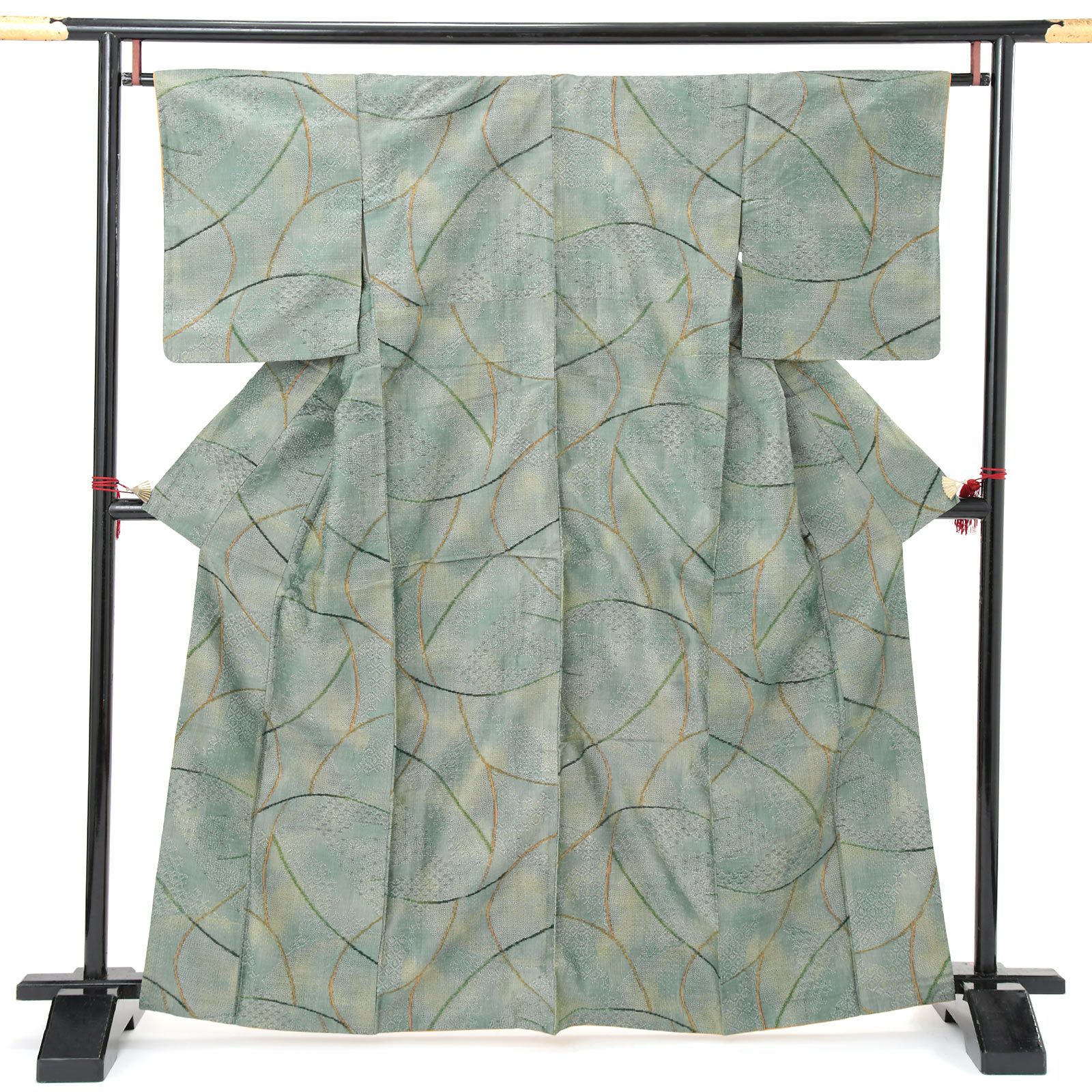 【中古品】仕立て上がり 袷着物「グリーン 寄せ小紋柄」小紋 正絹 紬