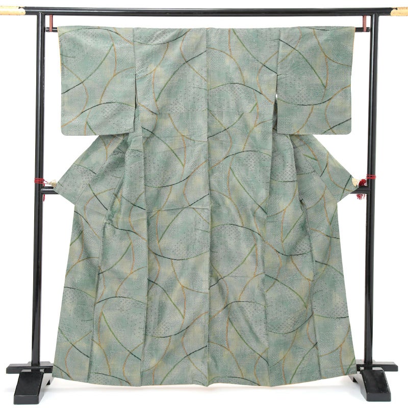 【中古品】仕立て上がり 袷着物「グリーン 寄せ小紋柄」小紋 正絹 紬