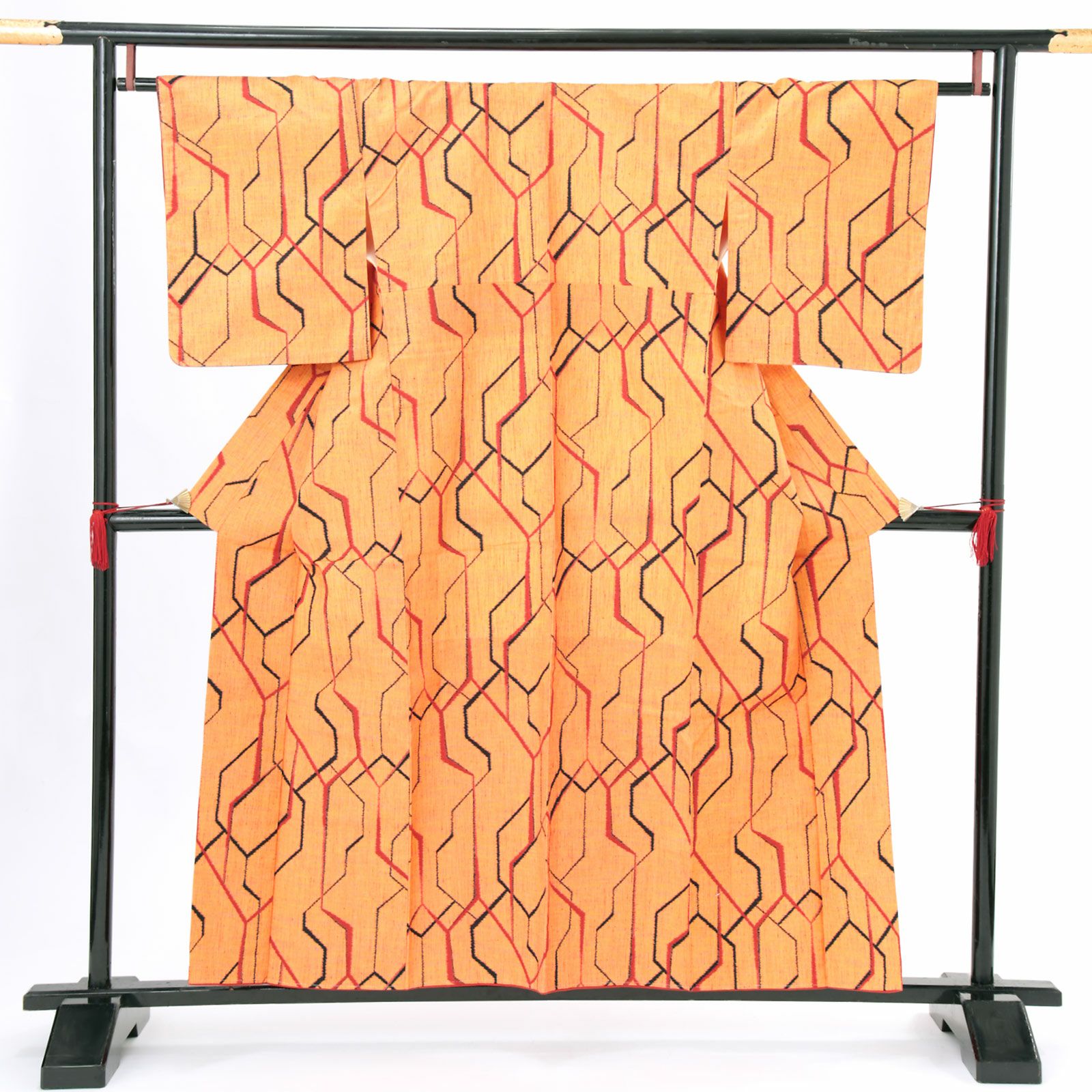 【中古品】仕立て上がり 袷着物「オレンジ 変わり亀甲柄」小紋 絹 紬