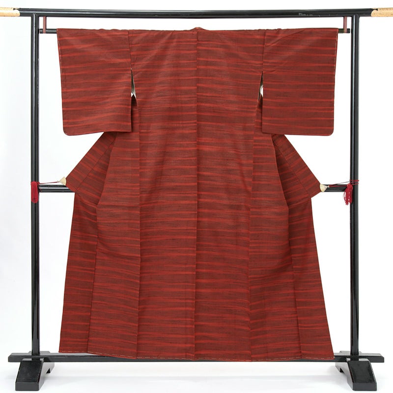 【中古品】仕立て上がり 袷着物「レッド 霞模様」小紋 正絹 紬