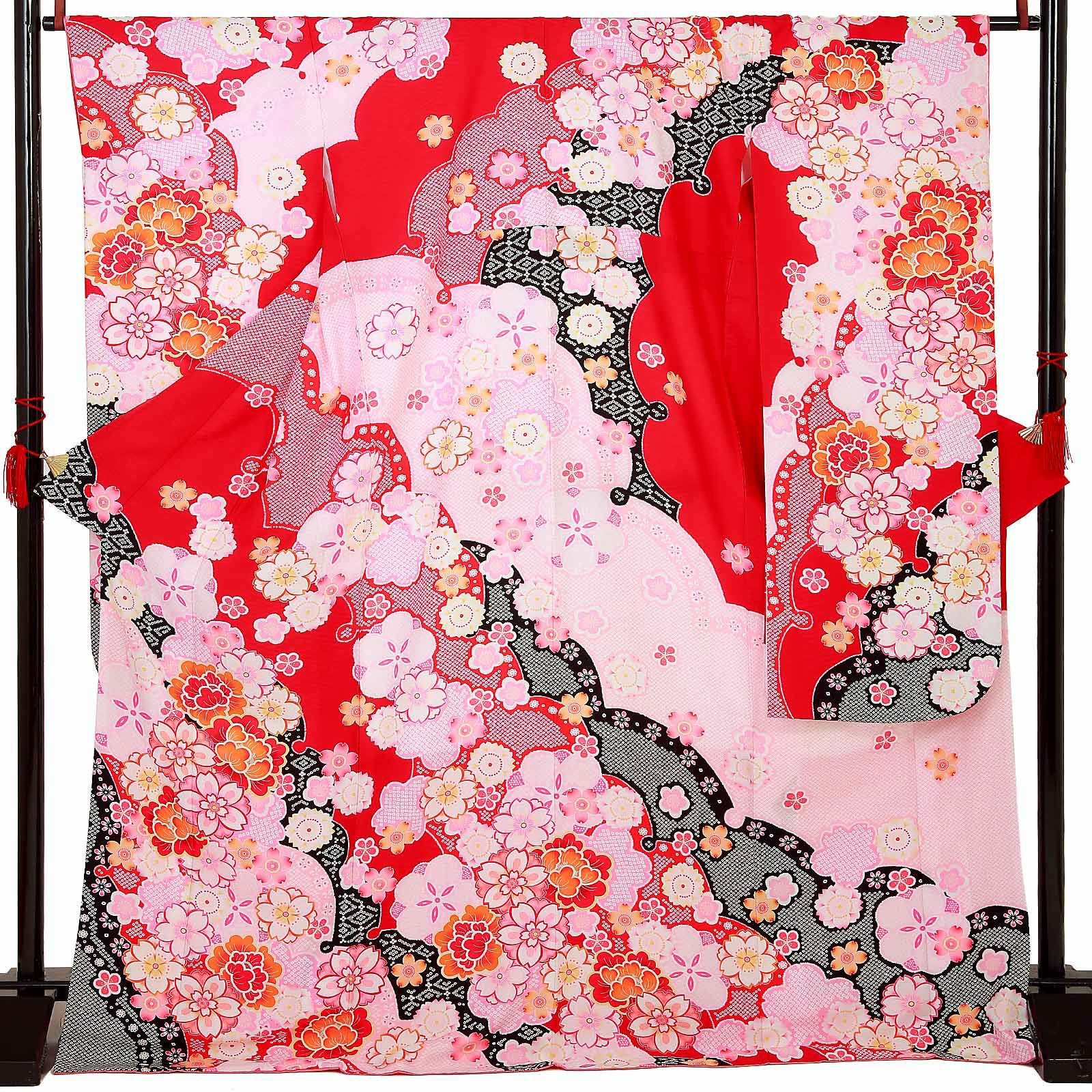 【中古品】仕立て上がり 振袖「雪輪に桜と牡丹 赤」貸衣装処分 レンタル処分品 成人式