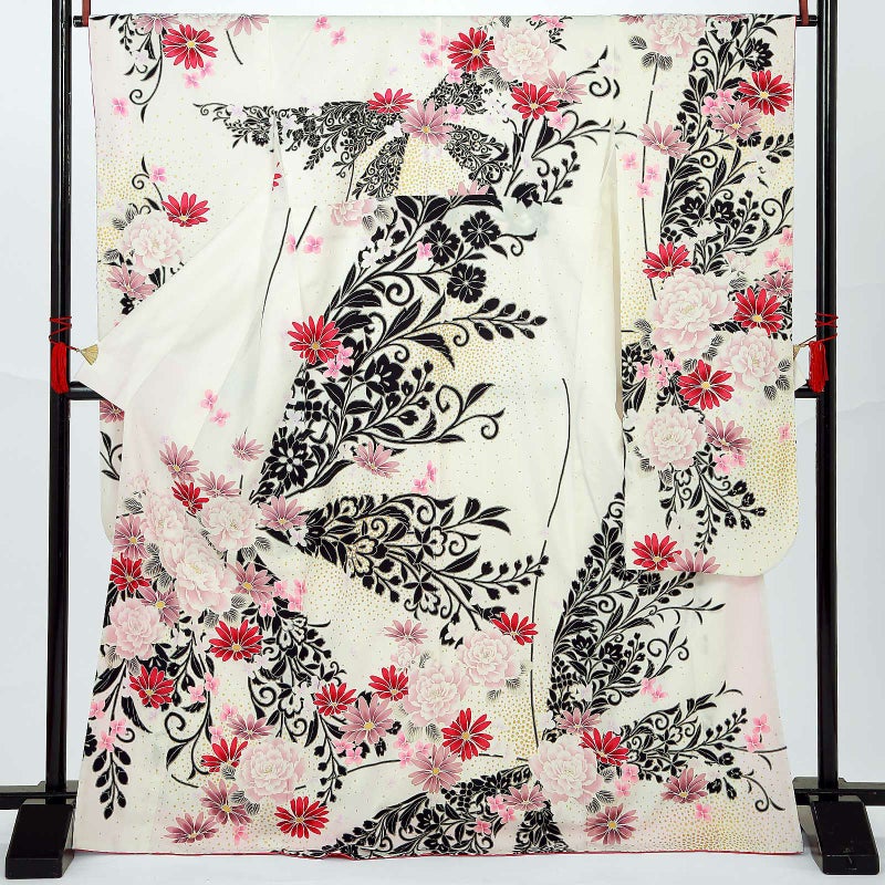 【中古品】仕立て上がり 振袖「芍薬 蝶に桐 オフホワイト」貸衣装処分 レンタル処分品 成人式