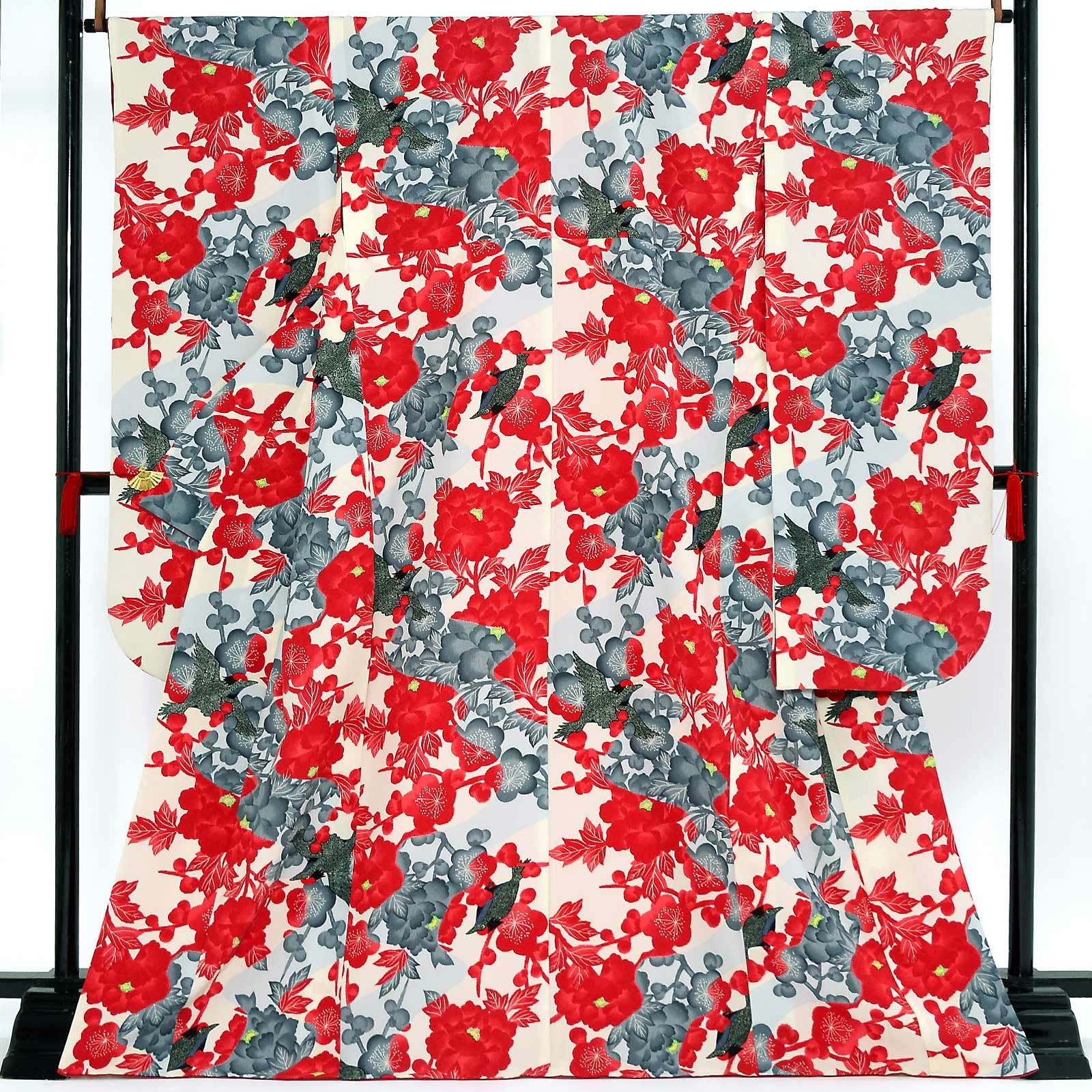 【中古品】仕立て上がり 振袖「小紋柄 梅と牡丹に小鳥 象牙色地に赤 グレー」貸衣装処分 レンタル処分品 成人式