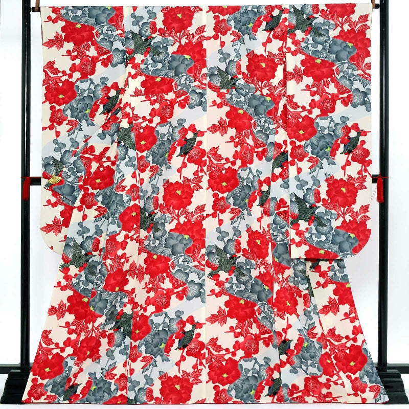 【中古品】仕立て上がり 振袖「小紋柄 梅と牡丹に小鳥 象牙色地に赤 グレー」貸衣装処分 レンタル処分品 成人式