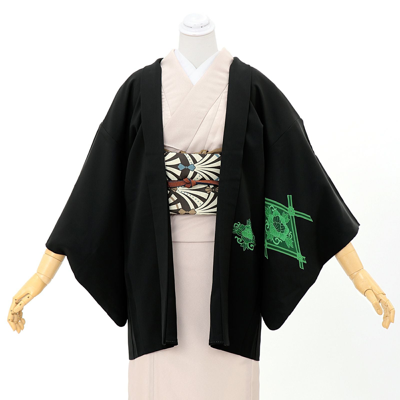 中古品】羽織「二重襷に変わり花菱 黒、緑」正絹 羽織り【メール便不可