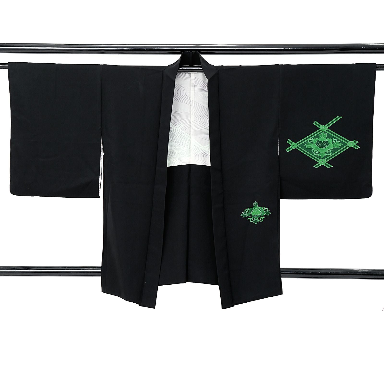 中古品】羽織「二重襷に変わり花菱 黒、緑」正絹 羽織り【メール便不可