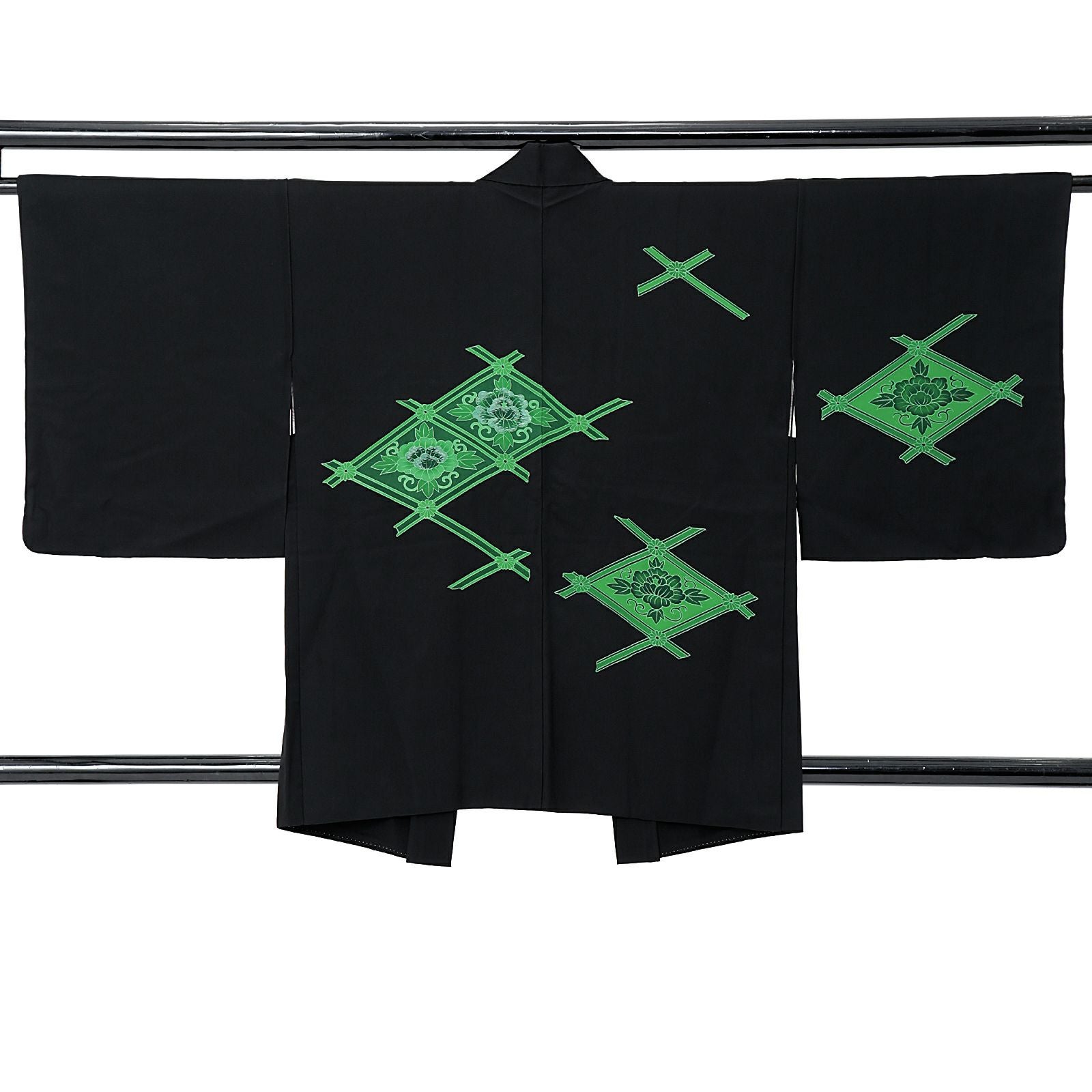 中古品】羽織「二重襷に変わり花菱 黒、緑」正絹 羽織り【メール便不可