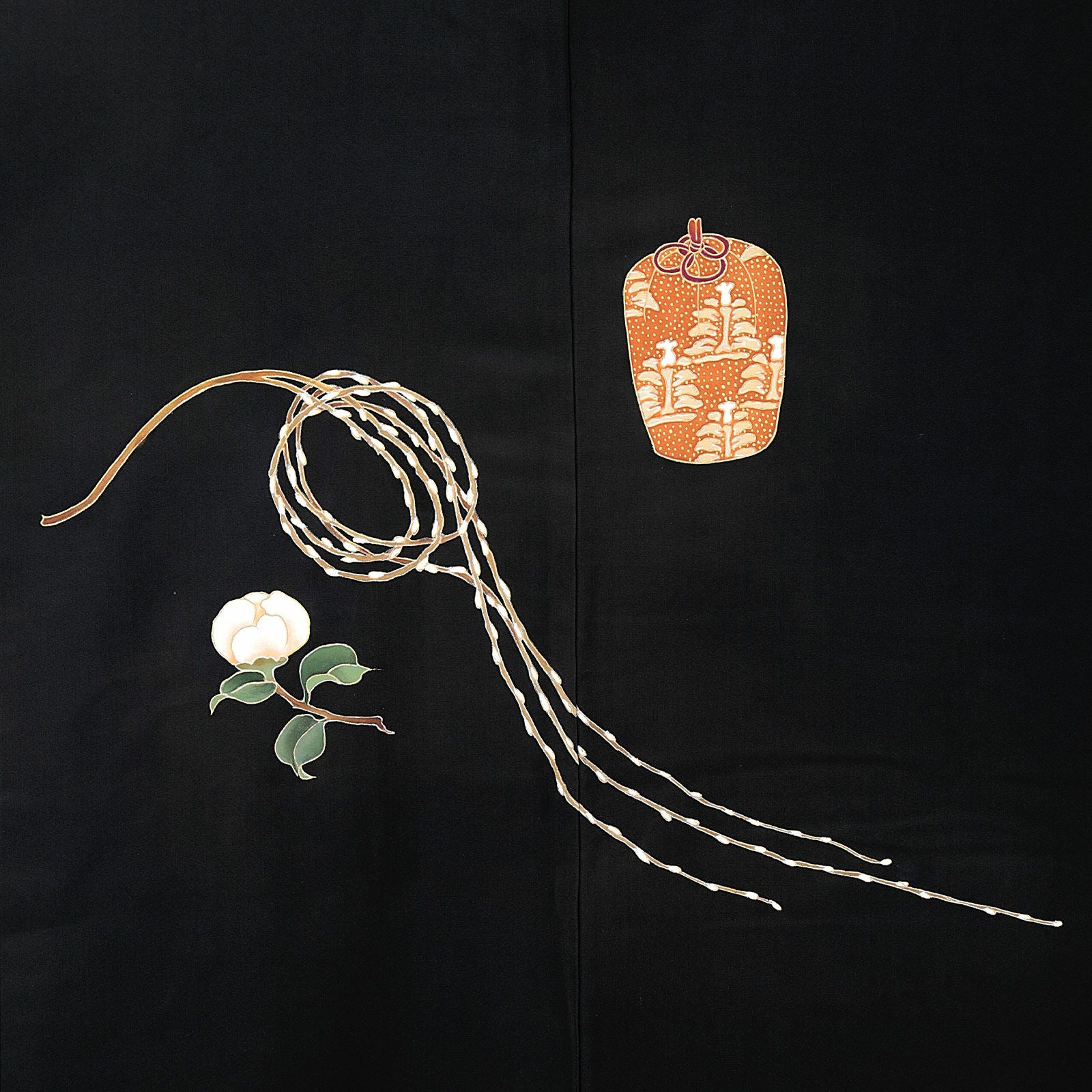 中古品】羽織「黒、結び柳に茶道具」正絹 羽織り【メール便不可 中古品】羽織「黒、結び柳に茶道具」正絹 羽織り【メール便不可