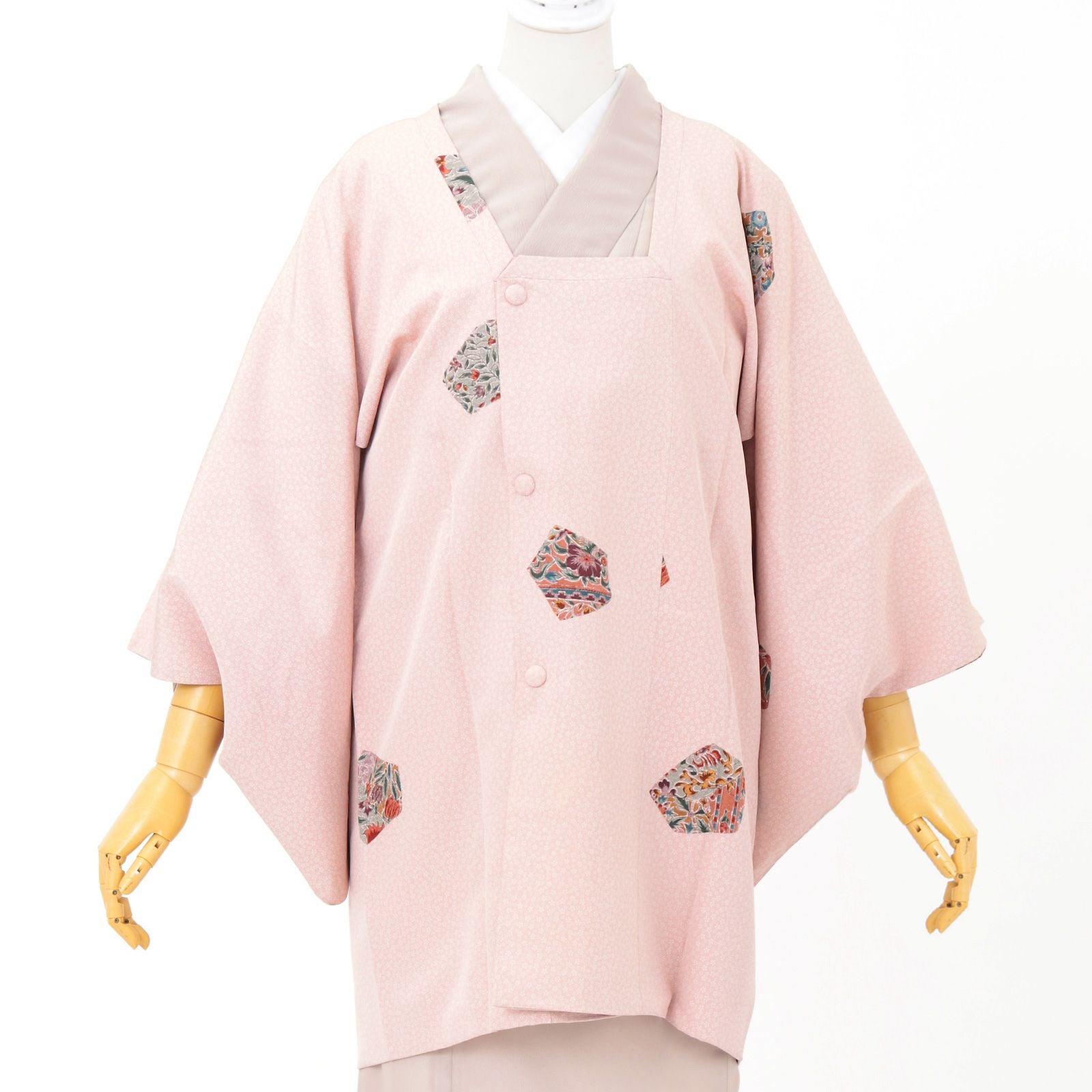 【中古品】道行コート「小花柄、更紗 灰桜」着物コート 和装コート