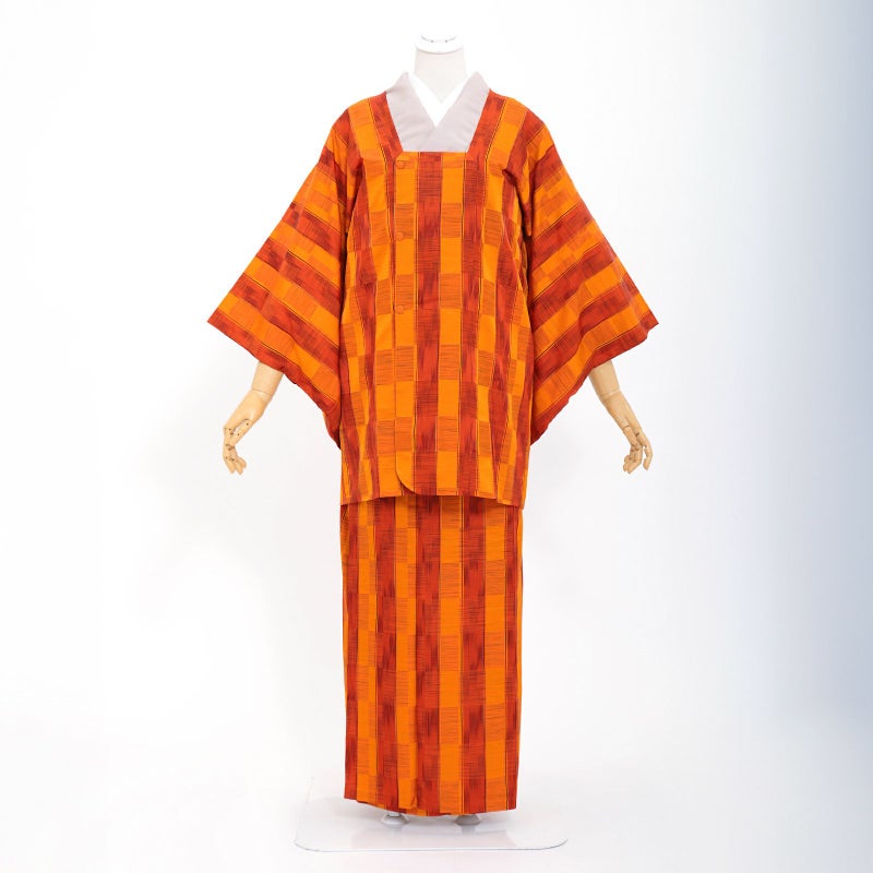 【中古品】道行コート「格子縞 真朱×橙」着物コート 和装コート