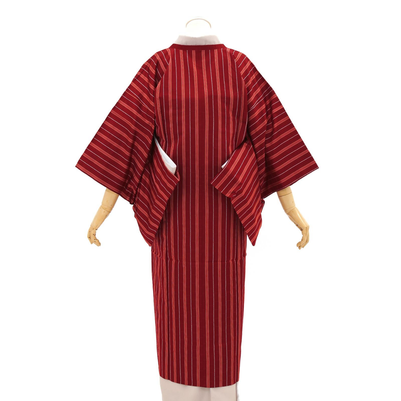 中古品】道行コート 専用ポーチ付き「緋色に紅葉×白 両子持縞」着物