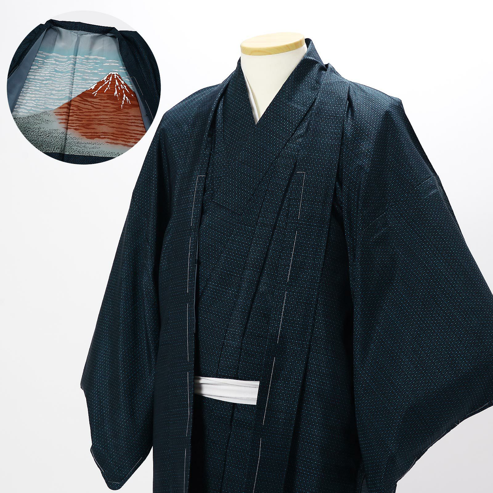 【中古品】男性 羽織+着物 アンサンブル 「西郷柄 濃藍×薄縹 」リサイクル 袷 メンズ 和装