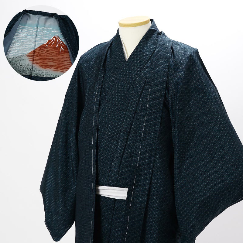 【中古品】男性 羽織+着物 アンサンブル 「西郷柄 濃藍×薄縹 」リサイクル 袷 メンズ 和装
