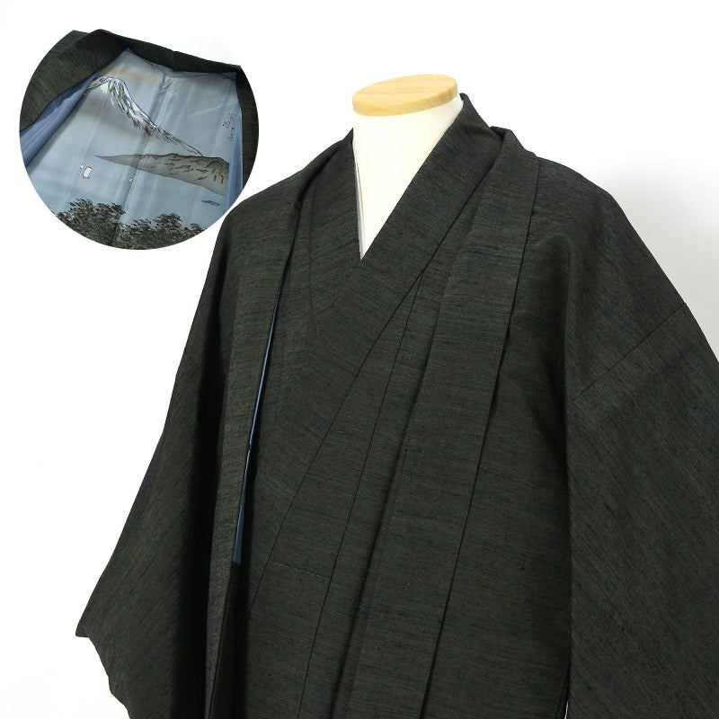 【中古品】男性 羽織+着物 アンサンブル 「松葉色×濃藍」リサイクル 袷 メンズ 和装