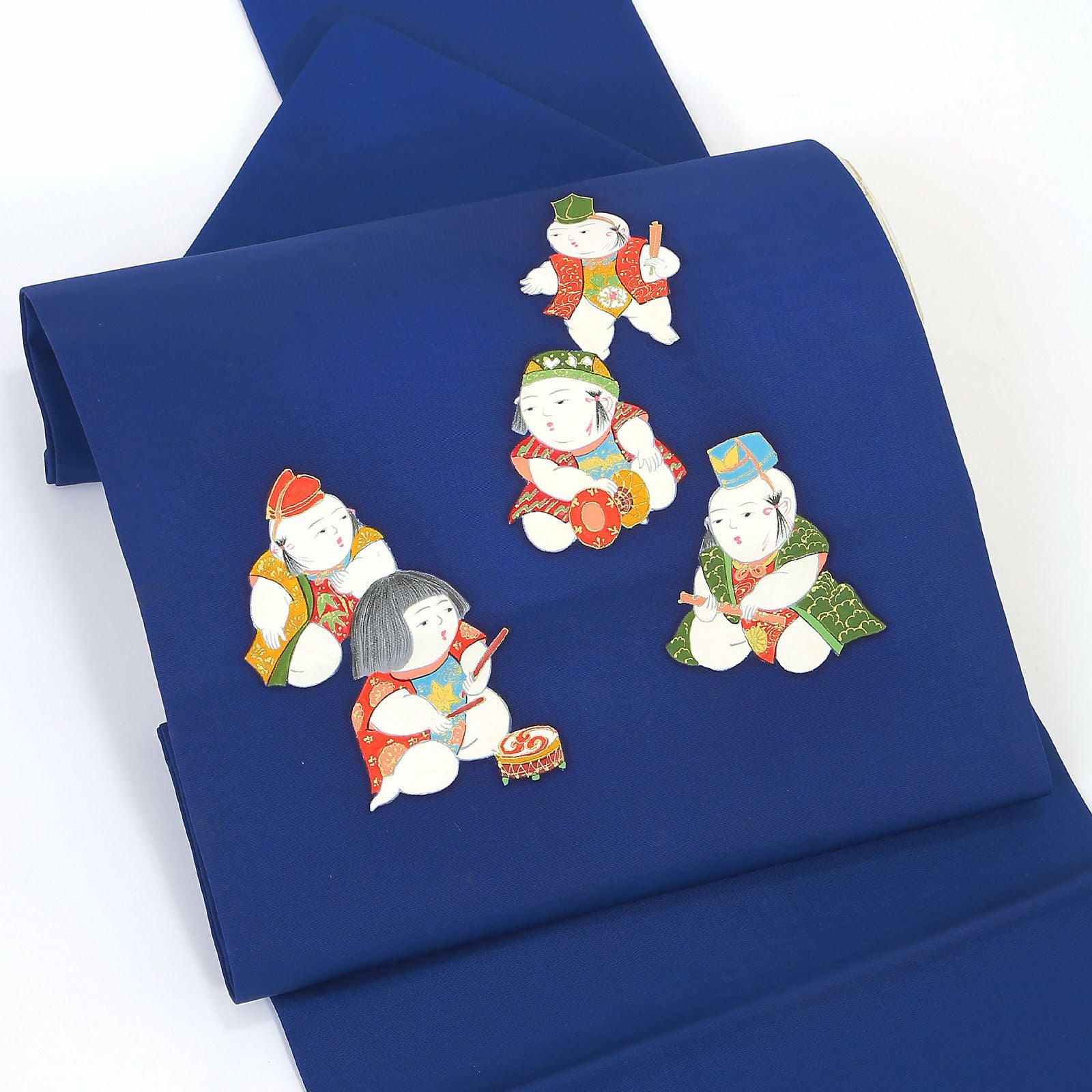 中古品】仕立て上がり 名古屋帯 「御所人形柄 瑠璃紺」八寸名古屋帯