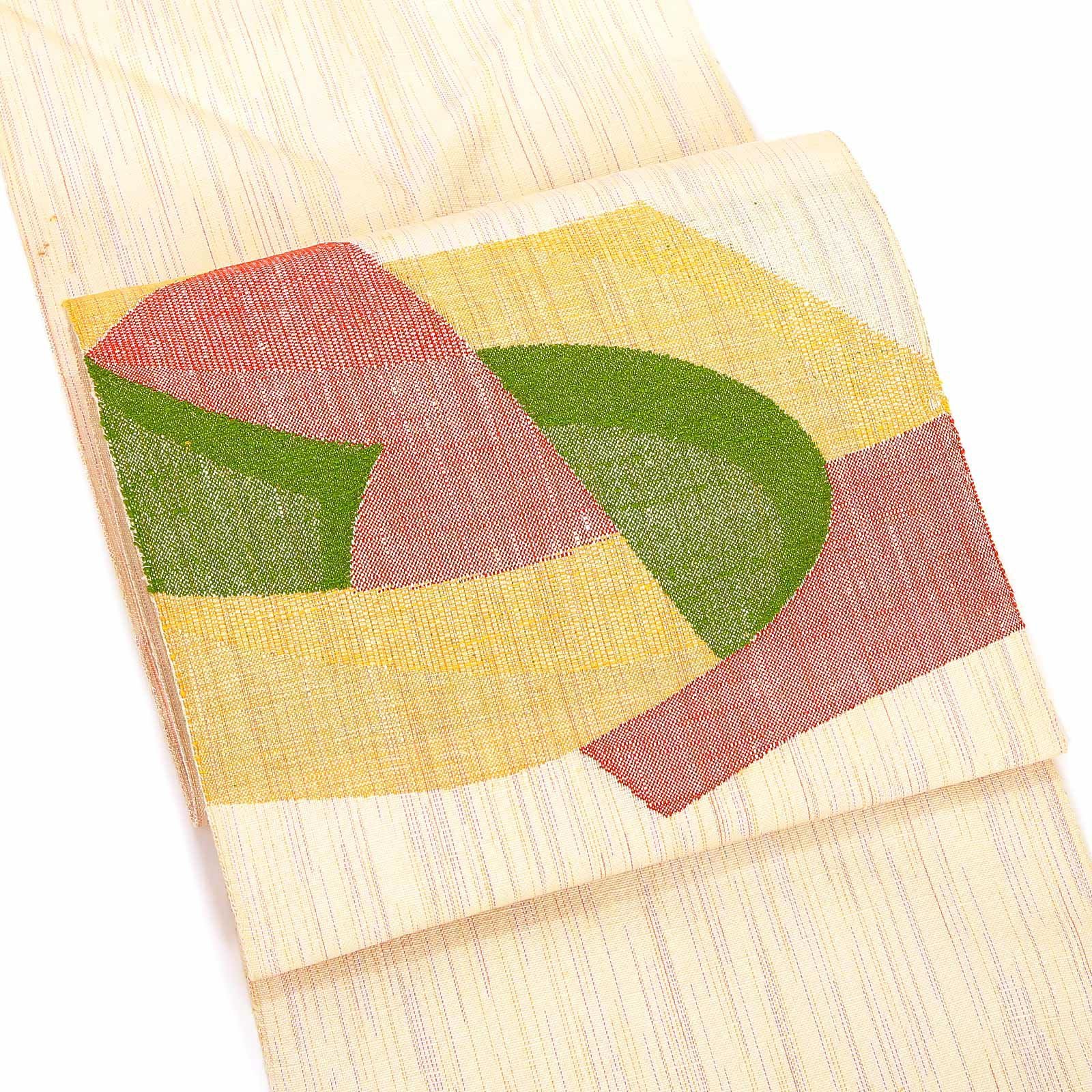 中古品】仕立て上がり 夏用 名古屋帯 「幾何学模様 生成り色」夏帯 八