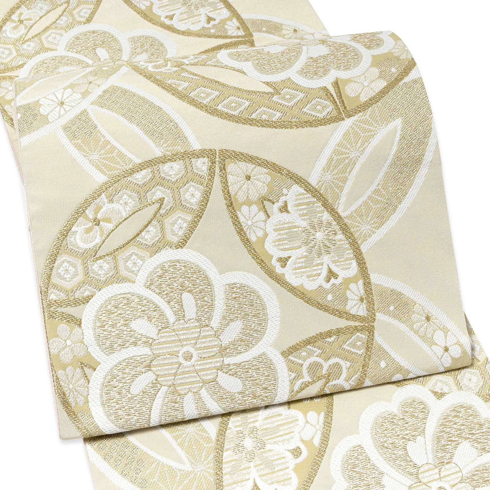 振袖 袋帯 単品「象牙色地、白金×砂色 ねじ花に七宝」六通柄 日本製 お仕立て上がり 振袖用 袋帯 お仕立て済 振袖帯 結婚式 成人式 フォーマル【メール便不可】